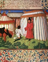 Knight kneeling before the tent of honor, Miniature in 'Roman de la Rose', illuminated manuscript?