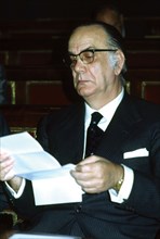 Camilo José Cela (1916-2002), Spanish writer, photo on his seat Senate 1976 Nobel Prize in Litera?