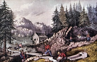 The Gold Rush (1848), gold mine in California, near Sutters Mill, engraving, 1870.