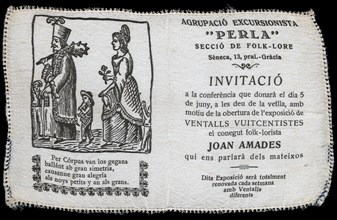 Invitation made in silk for the exhibition of 19th century fans organized by Joan Amades. Barcelo?