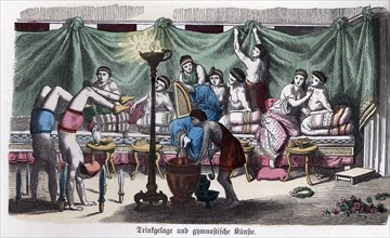 Ancient History. Greece. Scene of a banquet and gymnastic games. German engraving, 1865.