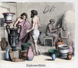 Ancient History. Greece. Pottery workshop, manufacturing of amphorae. German engraving, 1865.