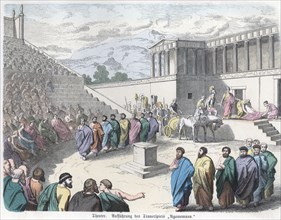 Ancient History. Greece. Theatre, representation of Agamemnon. German engraving, 1865.