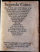 Second Comedy of 'Celestina' by Feliciano de Silva, cover of the printed edition in 1550.