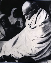 Mohandas Karamchand Gandhi, known as Mahatma (1869-1948), architect of the Indian independence, I?
