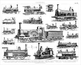 Various models of steam train engines, from different countries, engraving from 1900.