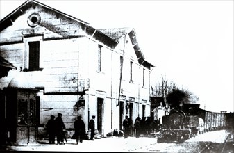 Amer station, the narrow track railway line from Olot to Girona, 1910.
