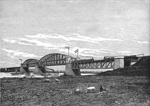 Metal bridge for railway over the Rhine river near Arnhem, engraving 1879.