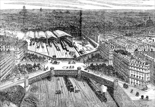 Overview of the European Square in Paris, raised over railroad lines, engraving 1867.