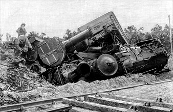 Railway accident in Saint-Brieuc. The two locomotives and tender, in July 1895, engraving of the ?