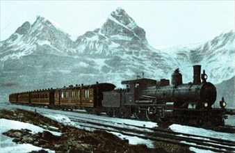 Swiss steam train through the Gotthard, 1910.