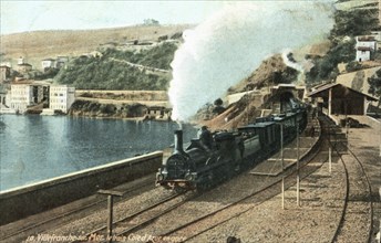 Steam Train in the Villefranche sur Mer station on the French Riviera, 1910.