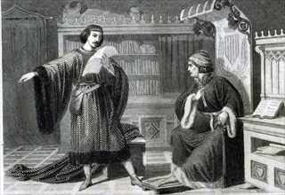 Ausias March (1397-1459), engraving of 1864, reading his poems to the Prince of Viana.