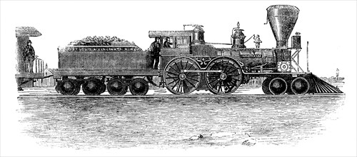 Train machine in the line from Ohio to Mississippi, engraving, 1858.