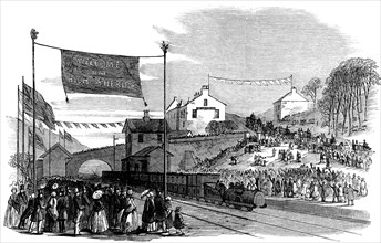 Arrival by rail of the Constable of Cheshire, to Mottram Station in April of 1855, vintage engrav?