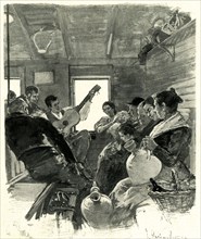 Scene inside a car in a Spanish train, snack and revelry, engraving, 1896.