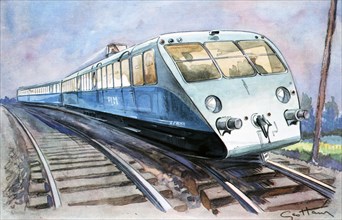 High-speed train, the solid and lightweight Bugatti PLM travelling to Vichy, drawing in L'Illustr?