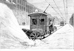 Snowplough train - tram, clearing the streets of the city of Minnesota in 1893.