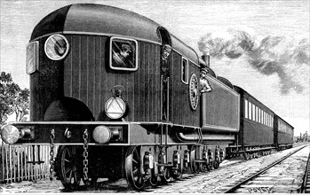 Aerodynamic railway from the early 20th century, circulating by North America, engraving, 1900.