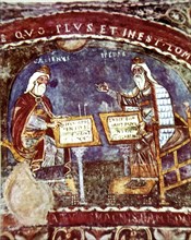 Hippocrates and Galen, physicians, fresco of the Cathedral of  Anagni.
