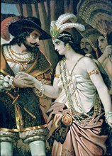 Zingari, head of an indigenous population, offers Hernán Cortés her sister Aida, detail of a lith?