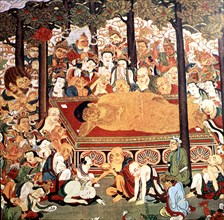 Buddha on his deathbed surrounded by his disciples and animals expressing their pain. Painting, c?