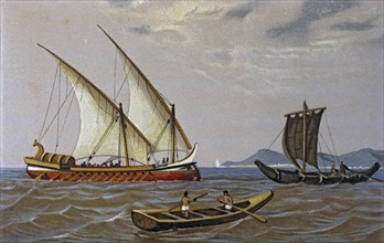 Phoenician trade ship and fishing boats, lithograph, 1875.