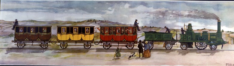 Coloured drawing of the train between Barcelona and Mataró, the first train to circulate in Spain?