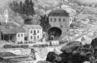 Entrance of the railroad in Saint - Gotthard tunnel in Swiss Alps, engraving, 1882.