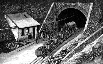 Railway entering the Saint - Gothard tunnel, in the Swiss Alps, engraving 1877.