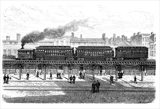 Overhead railway, circulating by the Third Avenue in New-York, engraving 1872.