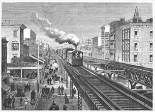 Double way overhead railway, circulating by the Seventh Avenue in New - York, engraving 1872.