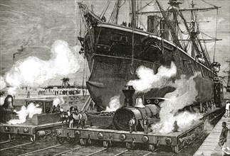 Railway towing a boat across the Isthmus of Panama, engraving 1881.