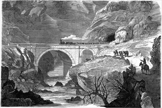 Techas Gorge, bridge over the Bayas river in the Railroad Bilbao to Tudela, engraving 1860.
