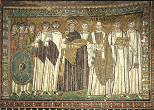 Justinian and his entourage', Mosaic Church of San Vitale in Ravenna.