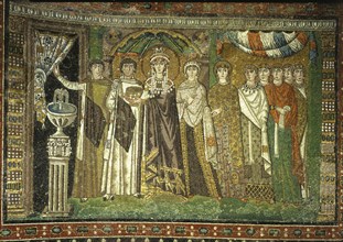 Theodora and her court', Mosaic Church of San Vitale in Ravenna.