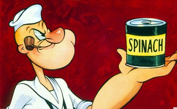 Popeye with a can of spinach, Popeye, the cartoon character created by EC Segar.