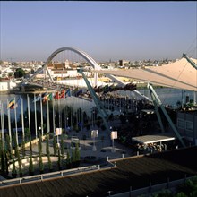 View of the entrance by the Barqueta bridge in the Universal Exhibition of Seville in 1992.