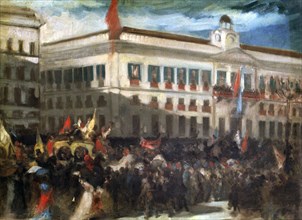 Popular demonstration in Madrid in Puerta del Sol during the revolution of 1868.