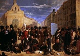 Traditional Madrid people in Puerta del Sol in Madrid before the urban reform, 1855.