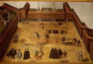 'Overview of the Plaza Mayor in Madrid', 1674, anonymous oil painting.