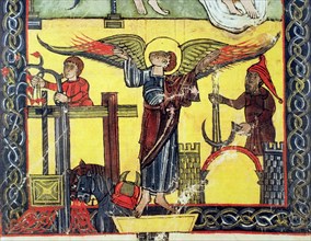 Harvest, grape harvest and the winepress of the wrath of God, detail, miniature in the 'Beatus of?