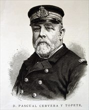 Pascual Cervera y Topete (1839-1909), Spanish sailor, engraving in the Ilustración Española y Ame?