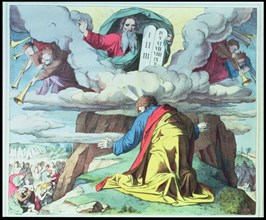 God gives Moses the Ten Commandments on Mount Sinai, engraving, 1860.