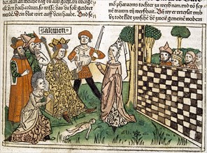 King Solomon's judgment, scene in the Bible of Nuremberg written in German, 1483.