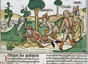 Noah and his sons, scene in the Bible of Nuremberg written in German, 1483.
