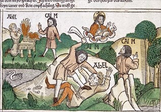 Cain and Abel, scene in the Bible of Nuremberg written in German, 1483.