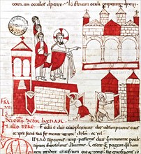 Manuscript called 'Homiliari de Beda', representing 'Jesus at the gates of Jerusalem'.