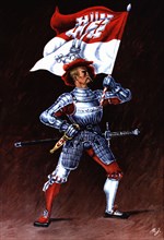 Flag bearer from the canton of Unterwald, c. 1510. Color engraving from 1943, published by Editio?