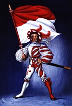 Flag bearer from the canton of Soleure, c. 1500. Color engraving from 1943, published by Editions?